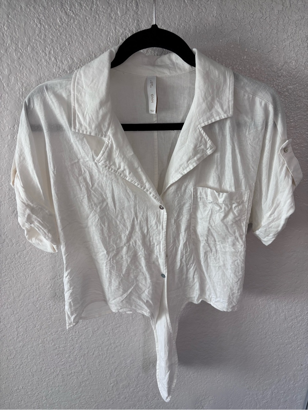 Mango White Short-Sleeve Tie-Front Button Shirt